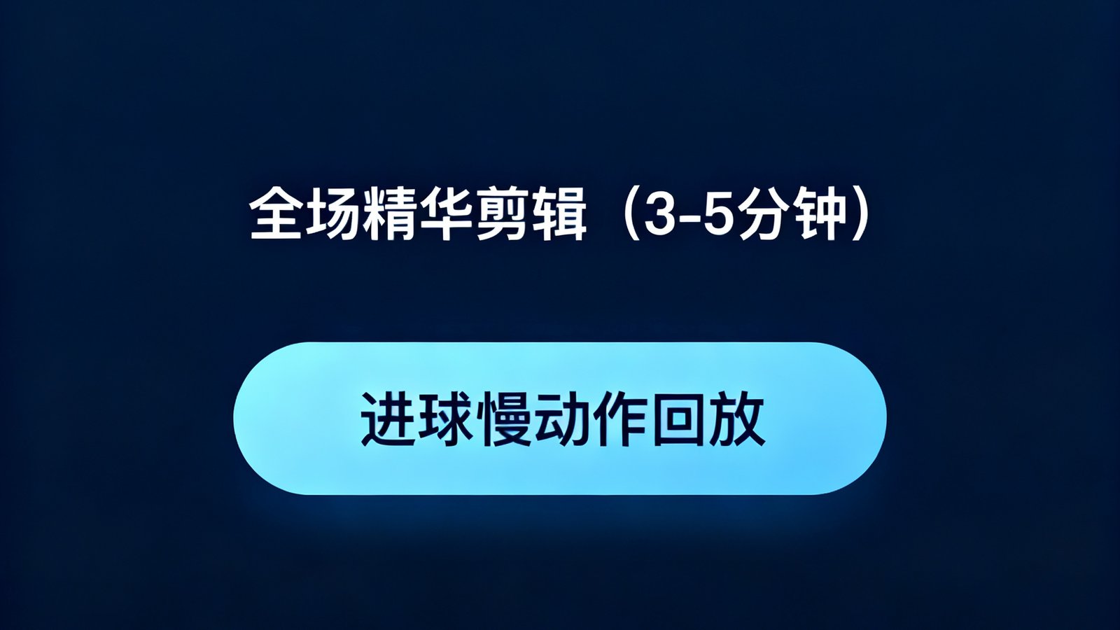 视频集锦播放器界面，用户可选择观看3-5分钟全场精华剪辑或单独点播每个进球的慢动作回放